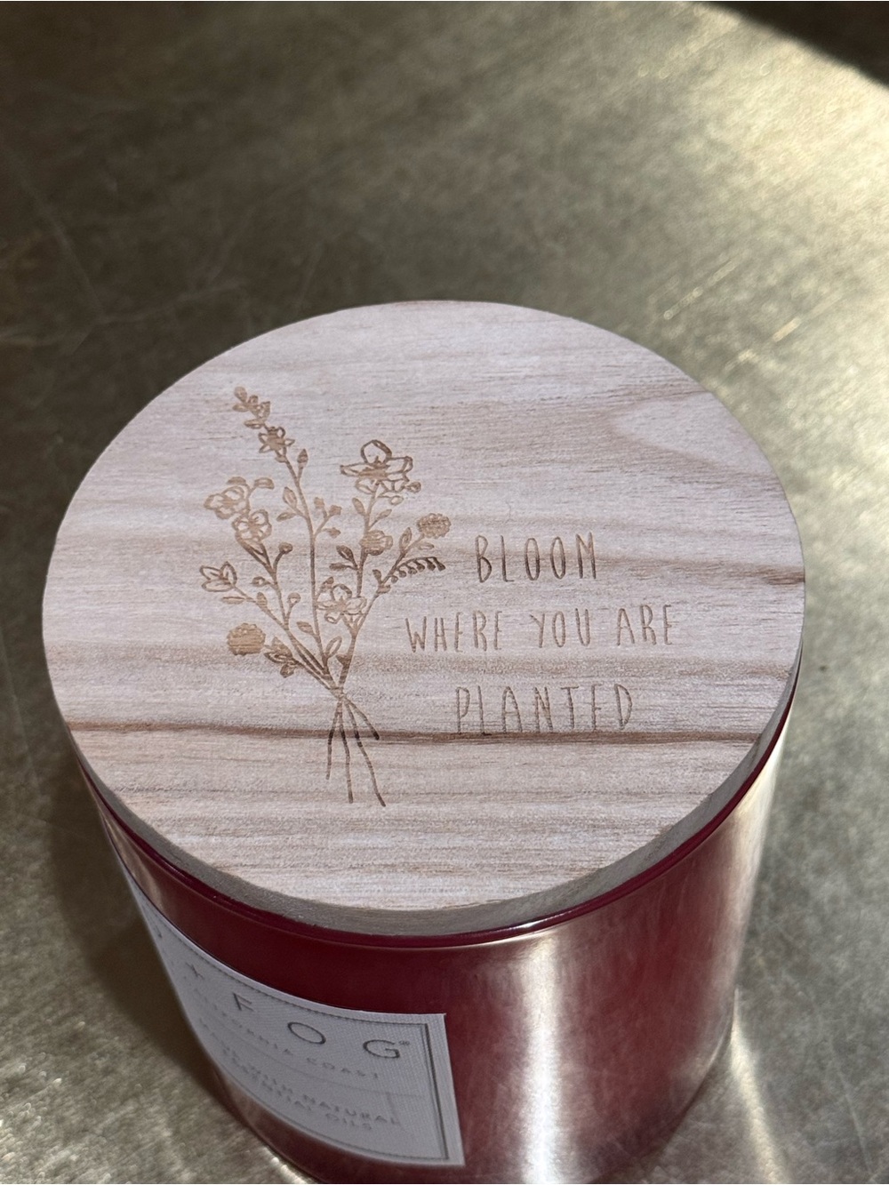 Sand + Fog Sun-N-Fun candle w/ Bloom Where You Are Planted Red  Wood Lid